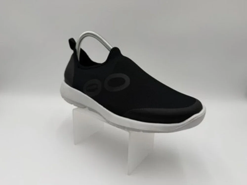 OOFOS Black Slip-On Knit Sneakers with White Sole
